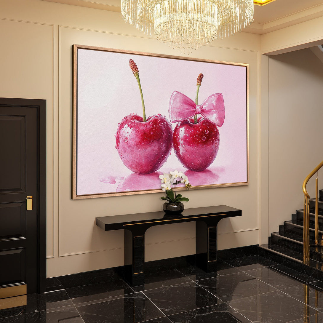 Framed Wall Art: Watercolor painting of cherries with a pink bow. Modern artwork in a pink and red color palette, perfect for your home decor.