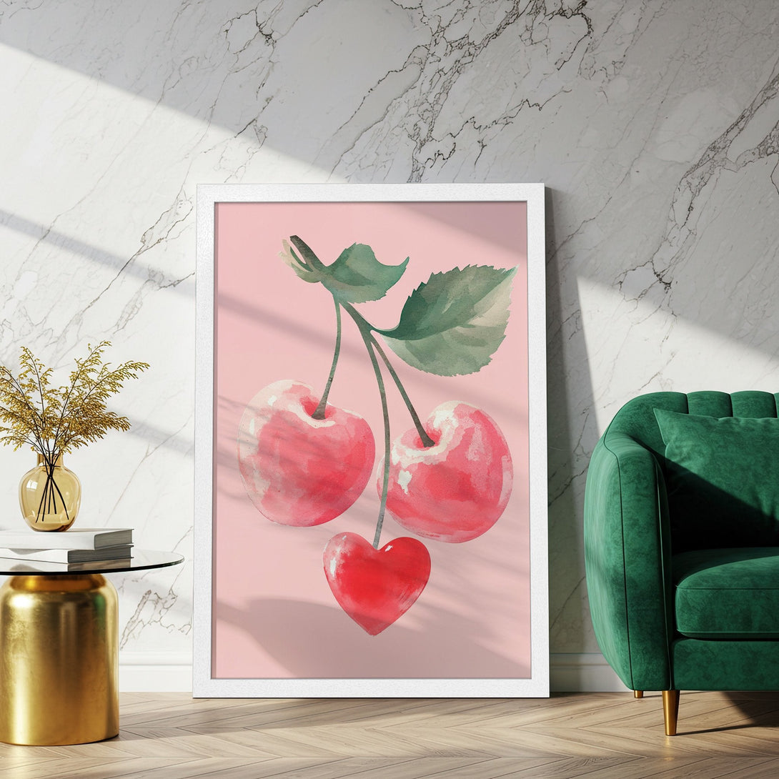 Framed Poster featuring watercolor cherries in red hues. Perfect wall art for any space!