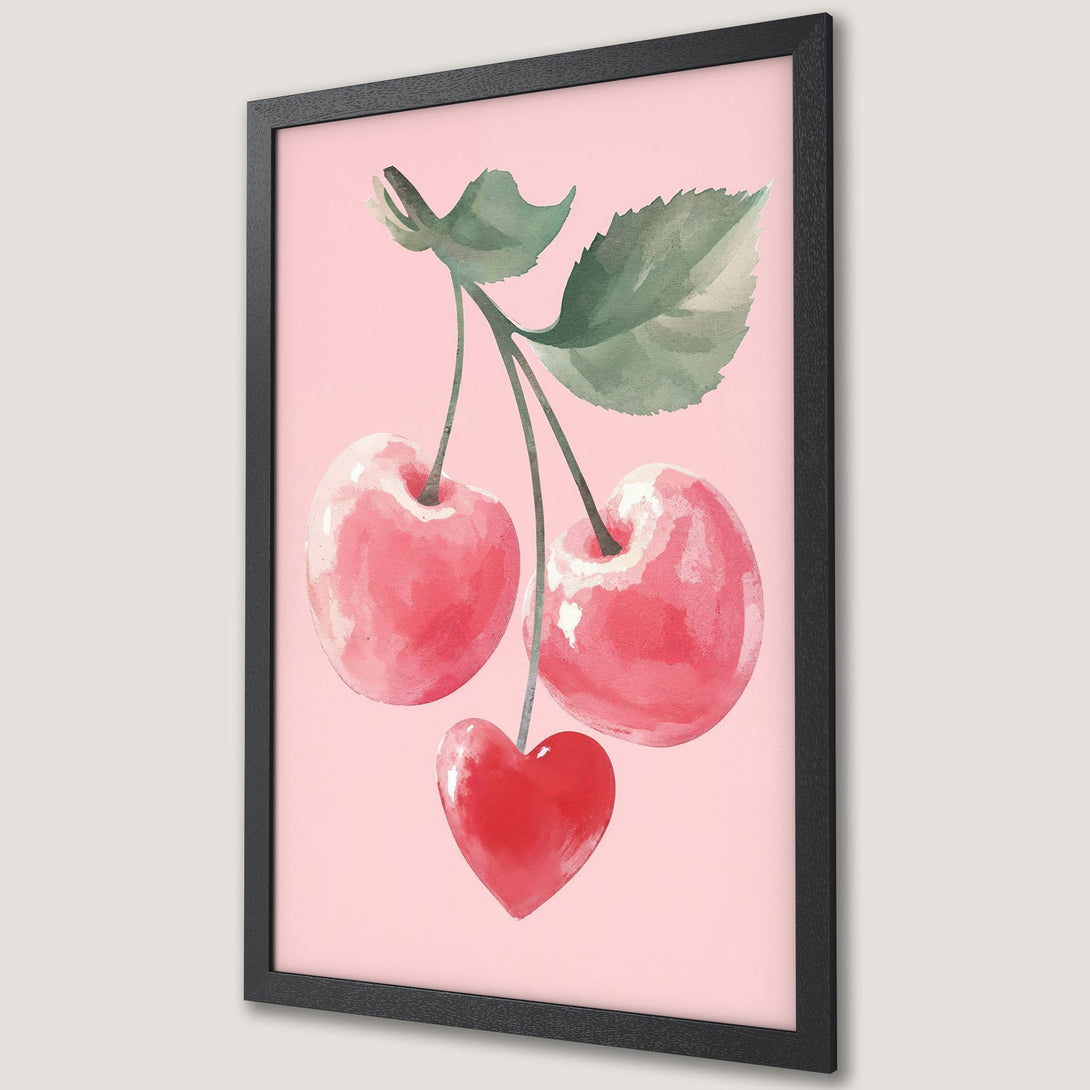 Framed Poster: Watercolor cherry art in pink and red tones. Perfect wall decor for a touch of sweetness!