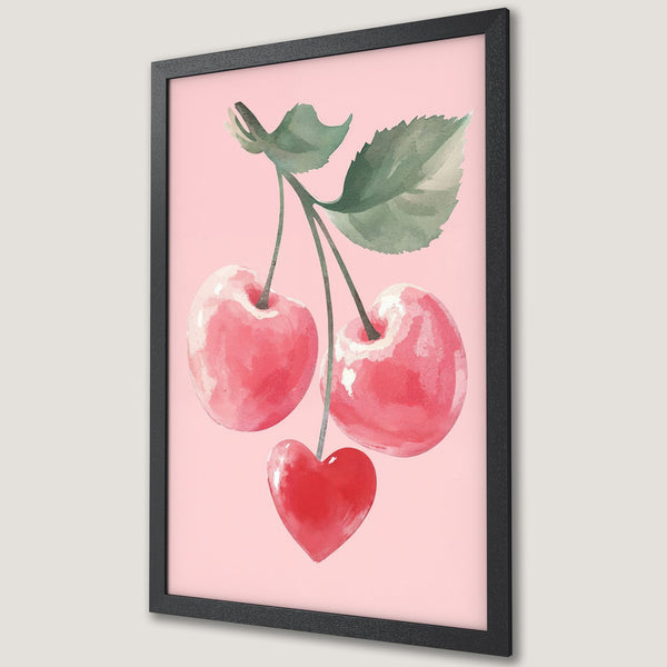 Framed Poster: Watercolor cherry art in pink and red tones. Perfect wall decor for a touch of sweetness!