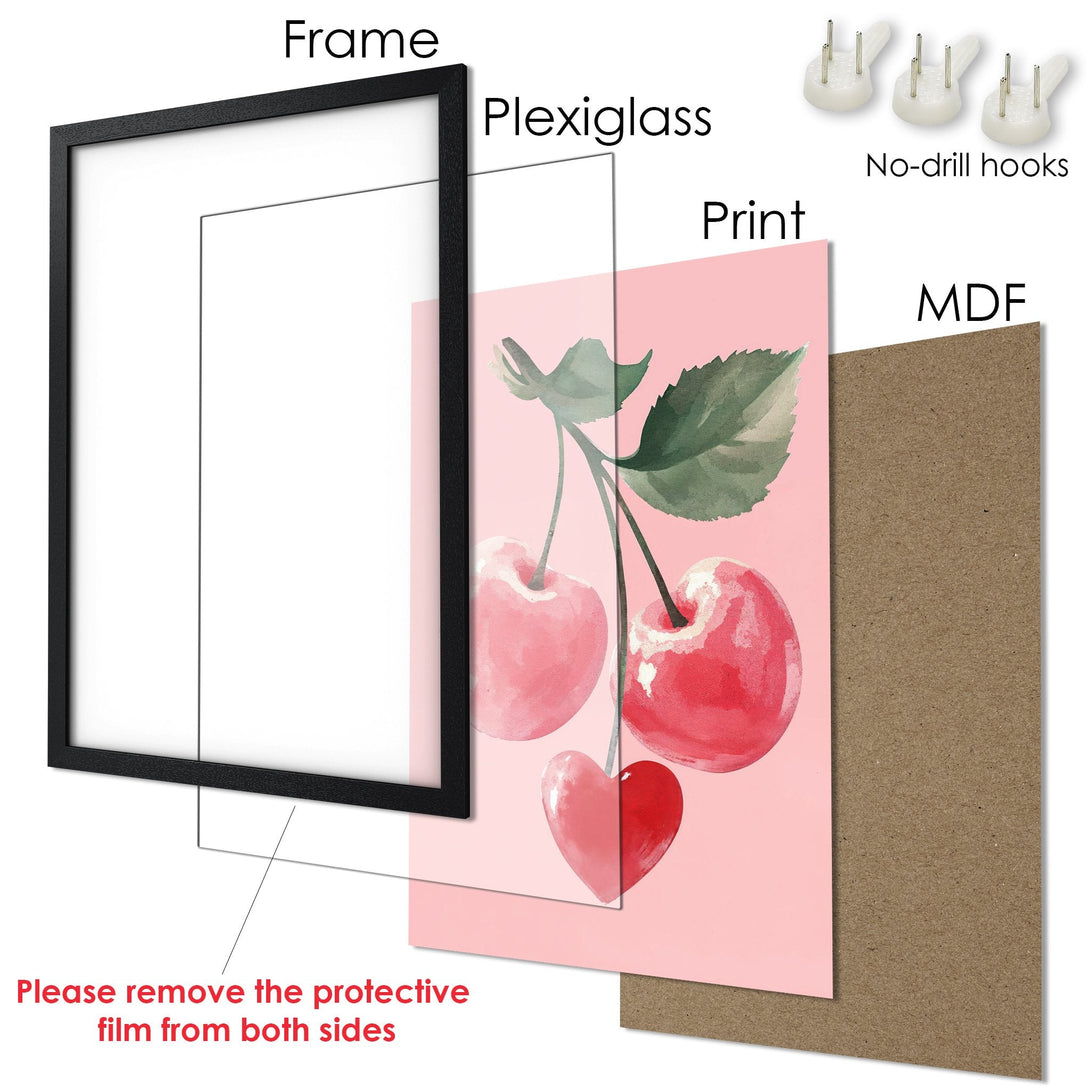 Framed Poster featuring watercolor cherries in a pink and red palette. Perfect wall art for your home!