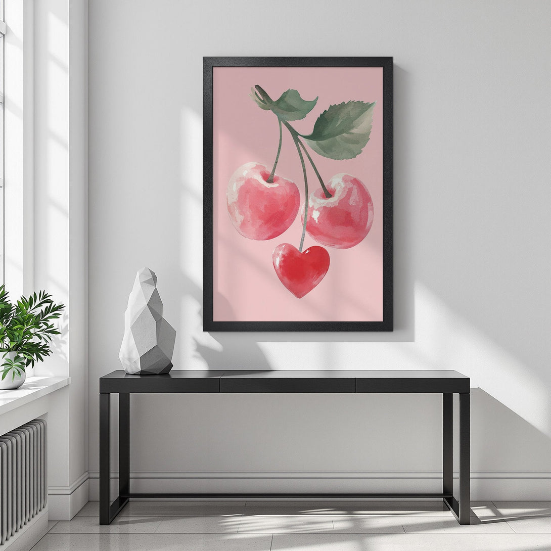 Framed Poster featuring watercolor cherries. Pink and red color palette, perfect for adding a touch of art to your home. Shop now!