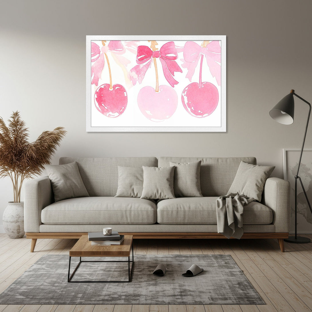 Framed Poster featuring watercolor cherries and bows in a soft pink palette, perfect for adding a touch of sweetness to your home decor.