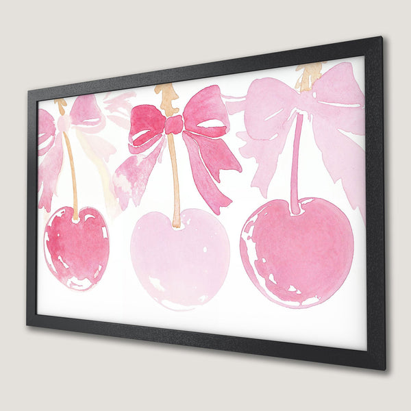 Framed Poster featuring watercolor cherries with pink and blush tones. Perfect wall art for a touch of sweetness!