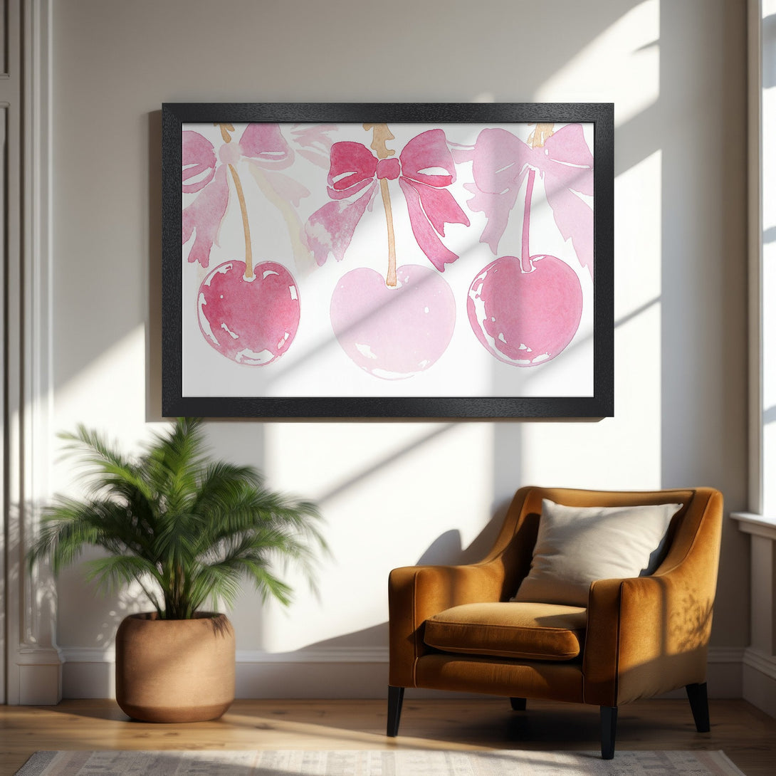 Framed Poster featuring watercolor cherries and bows in pink hues. Perfect wall art for a touch of whimsy and style.