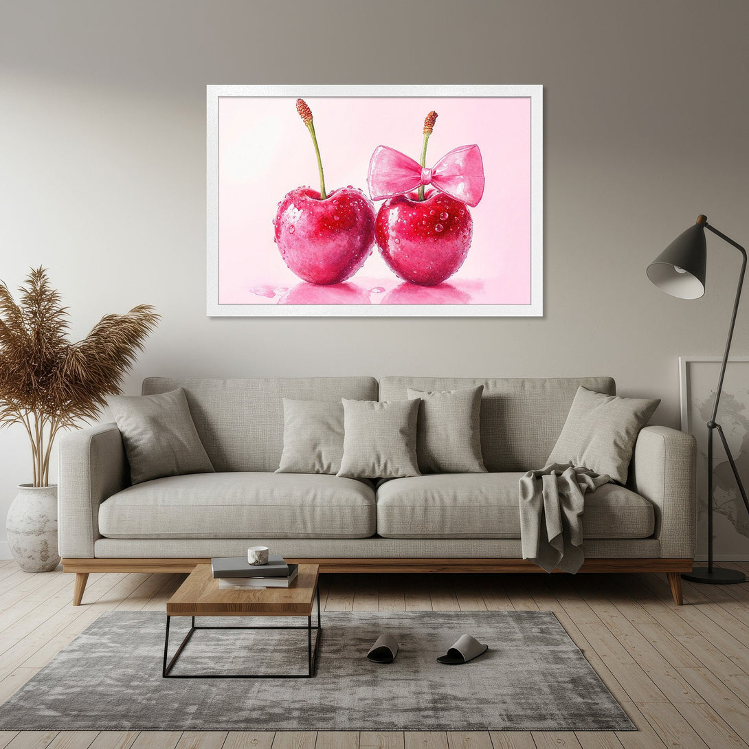 Framed Poster featuring watercolor cherries with a pink bow. Soft, romantic style with a pink and red color palette. Perfect wall art!
