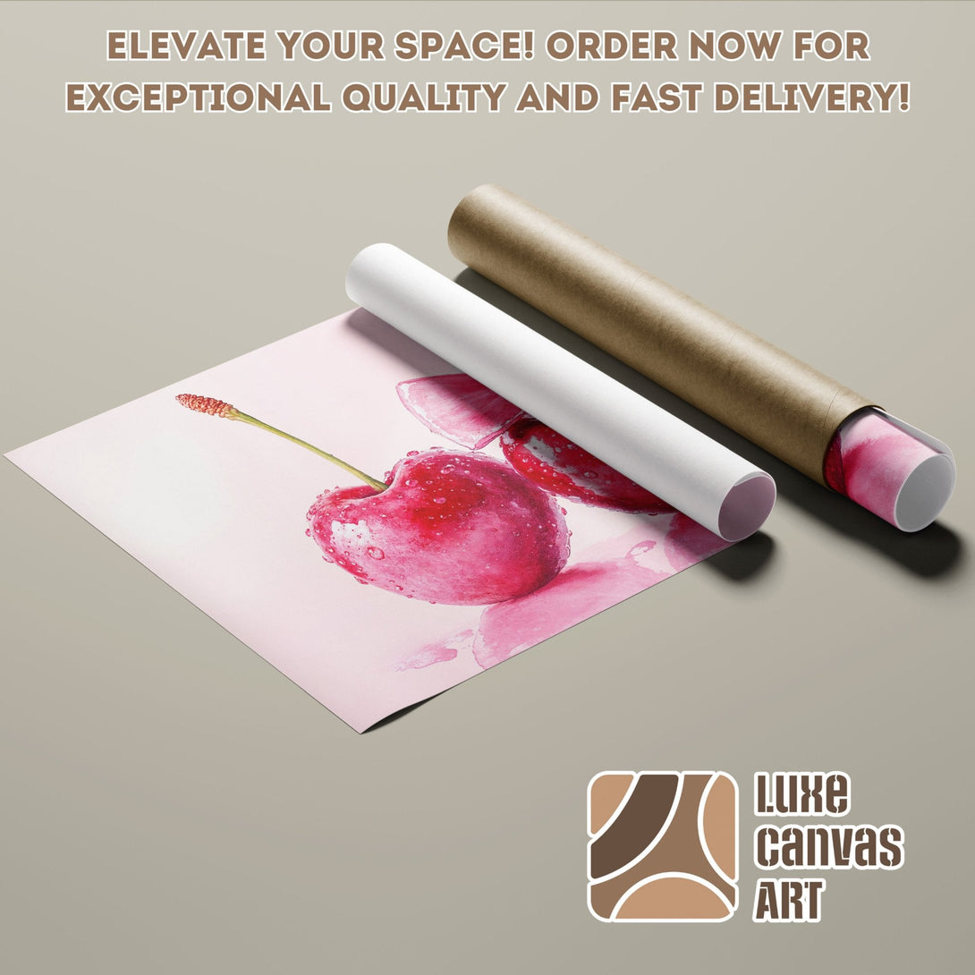 Poster Roll featuring watercolor cherry art in pink tones. Elevate your space with Luxe Canvas Art!