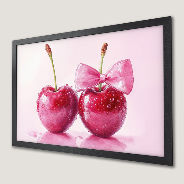 Framed Poster of watercolor cherries with pink bow, style and color palette. Perfect wall art!