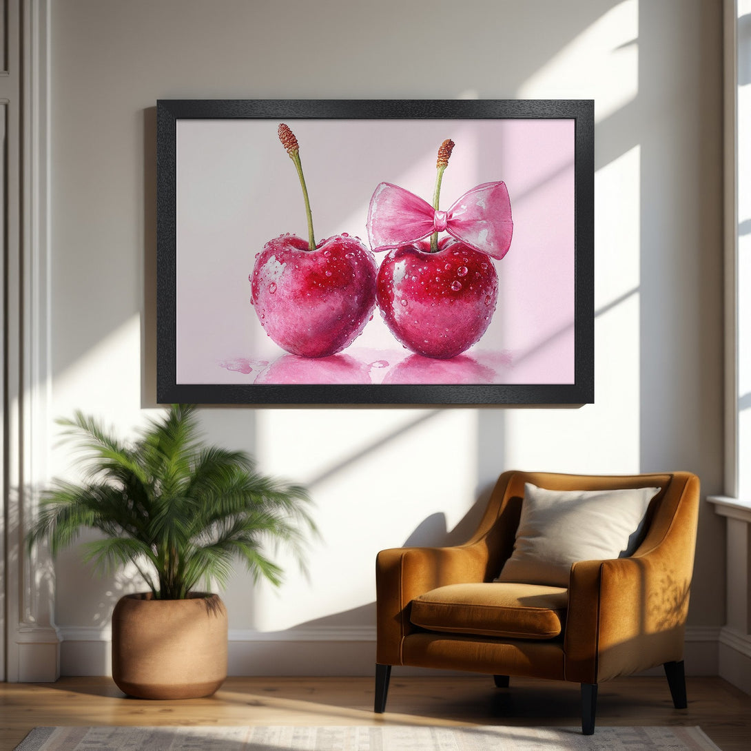 Framed Poster featuring watercolor cherries with a pink bow, in a soft pink and red color palette. Perfect wall art!