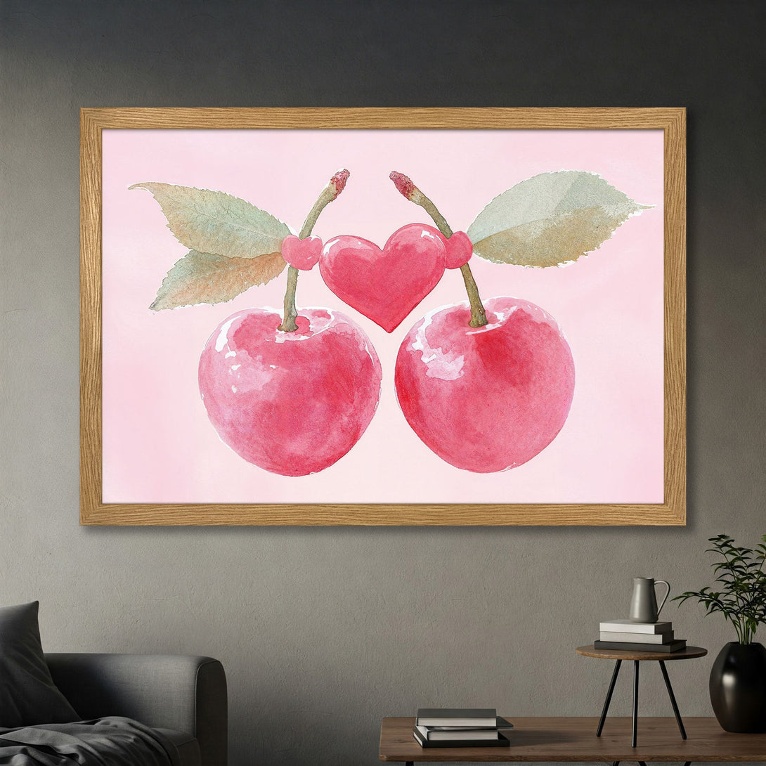 Framed Poster featuring watercolor cherries with a pink and red color palette, perfect for adding a touch of love to your home decor.