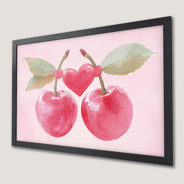 Framed Poster featuring watercolor cherries and heart, soft pink palette. Perfect wall art for your home!