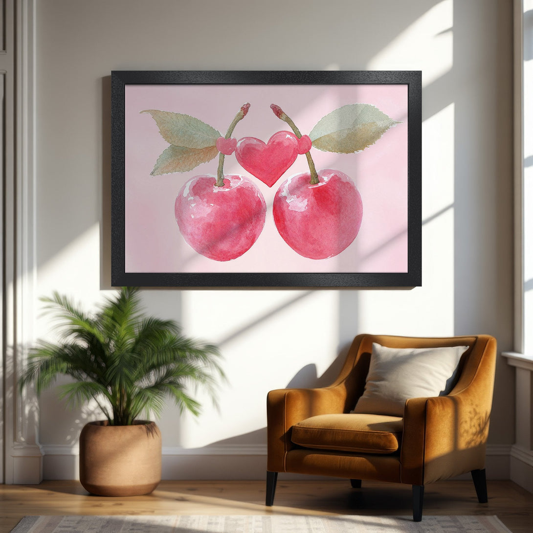 Framed Poster: Watercolor cherries with a heart, pink & red palette. Perfect wall art for your home!