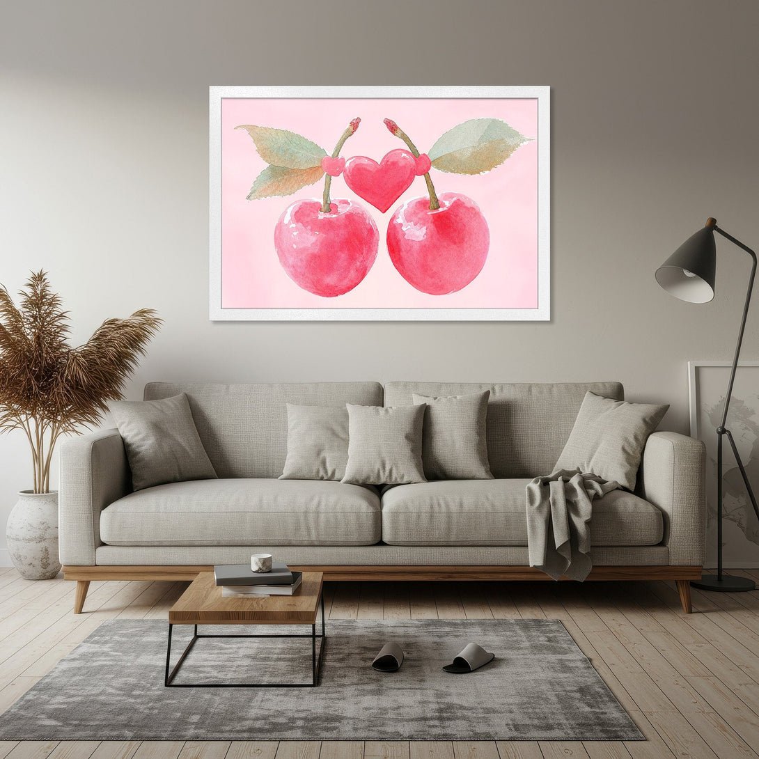 Framed Poster featuring watercolor cherries with a pink and red color palette, perfect for a romantic touch.