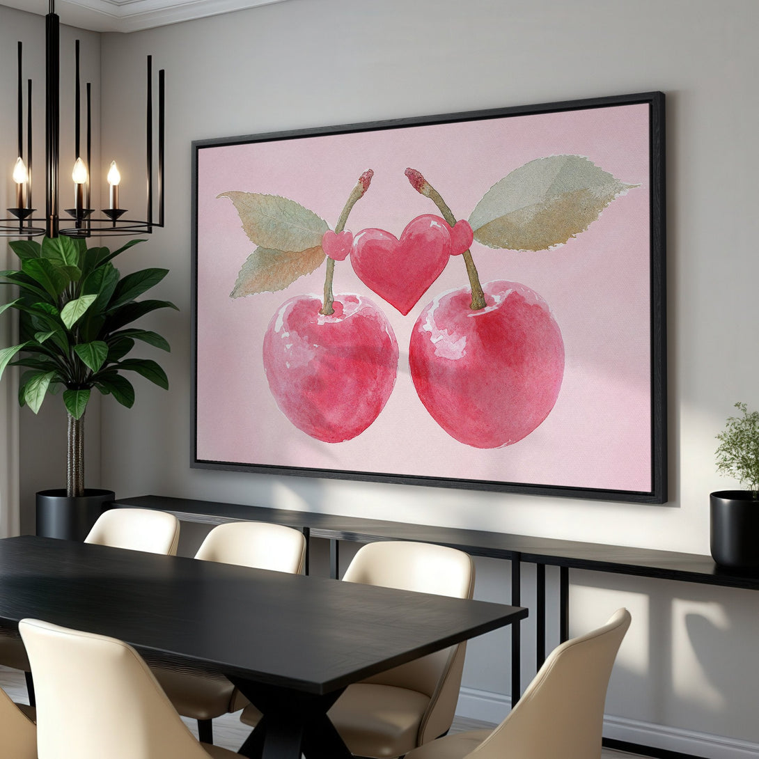 Framed Wall Art: Watercolor cherries on pink background. Modern, romantic artwork for your dining room. Soft pink and red color palette.