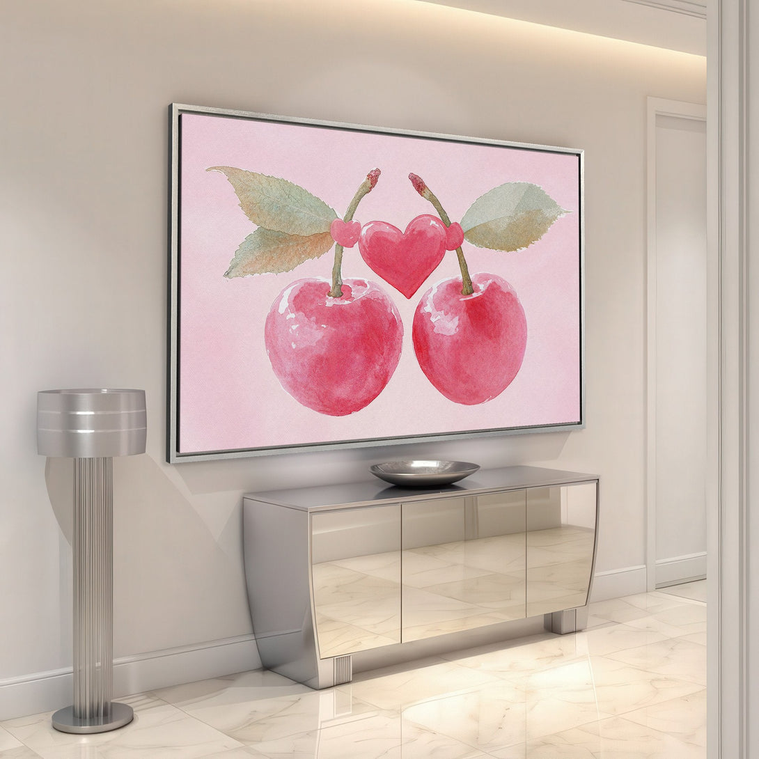 Framed Wall Art: Watercolor cherries with a heart on a pink background. Perfect for adding a touch of love to your home decor. Red and pink palette.