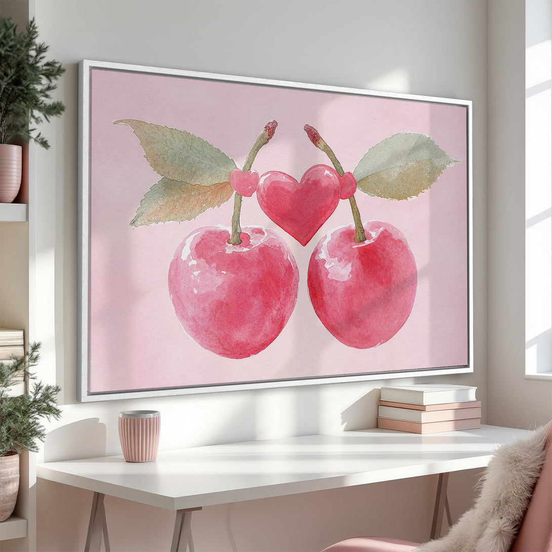 Framed Wall Art: Watercolor cherry art in pink hues, perfect for a romantic touch. Add a pop of color and style to your space!