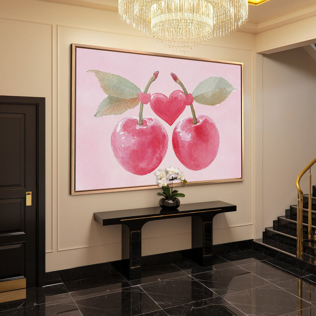 Framed Wall Art: Watercolor cherry artwork in pink and red tones. Perfect for adding a touch of romance to your entryway. Shop now!