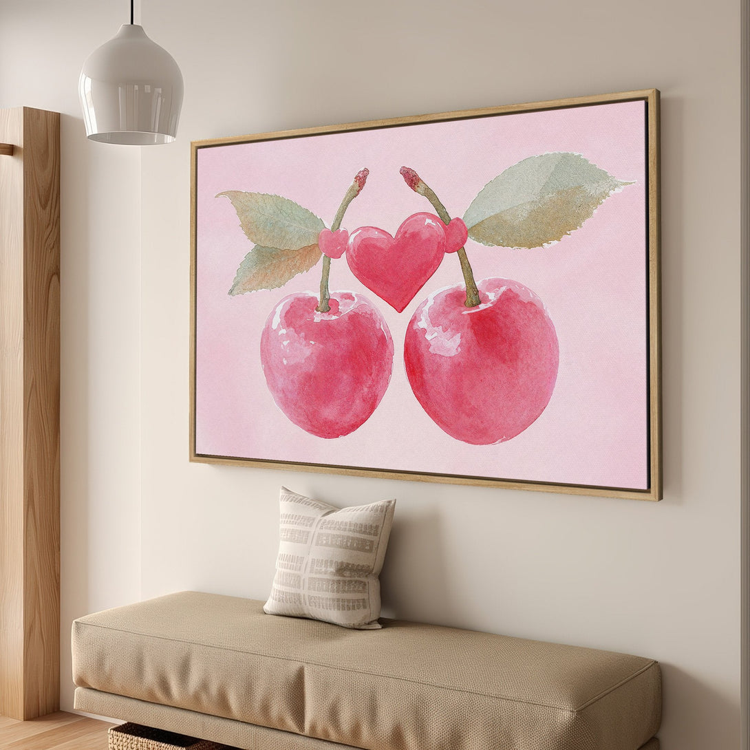 Framed Wall Art: Watercolor cherry print in pink & red tones. Romantic wall decor for a cozy interior. Shop now for beautiful art!