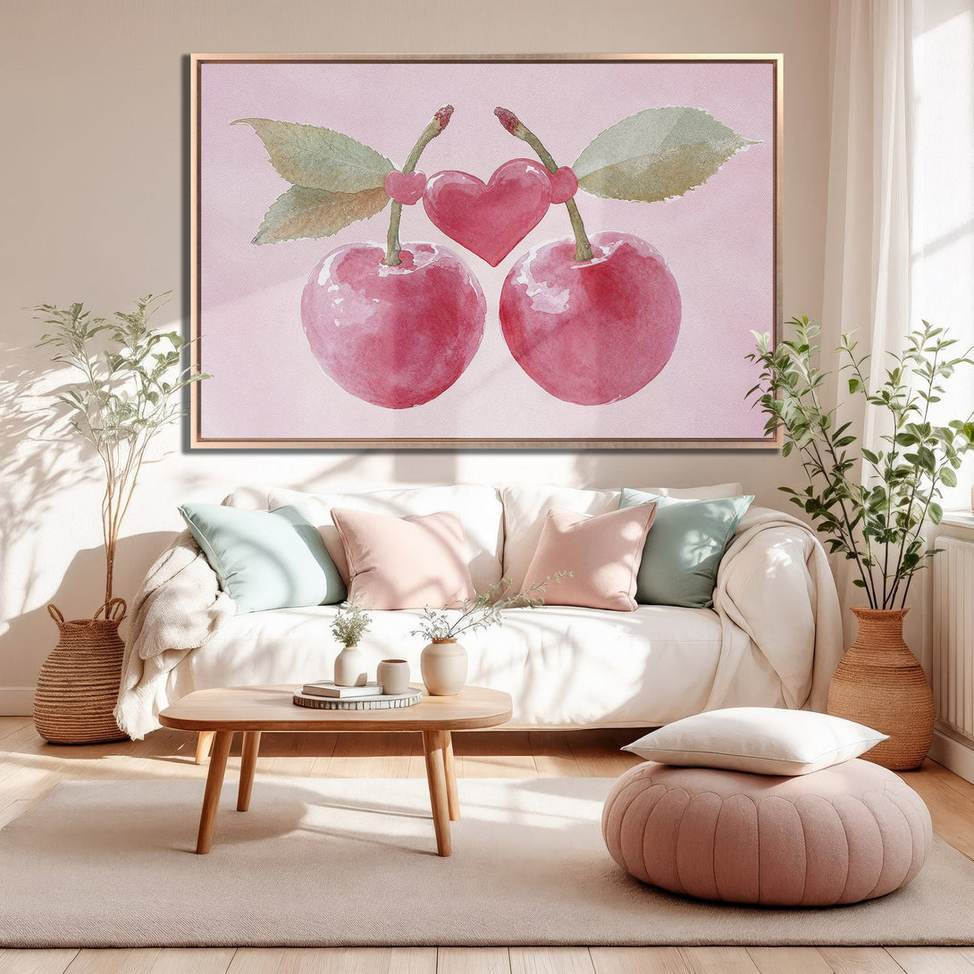 Framed Wall Art: Watercolor cherry print in a blush pink palette. Adds a touch of romance and warmth to any living space. Perfect for modern decor.