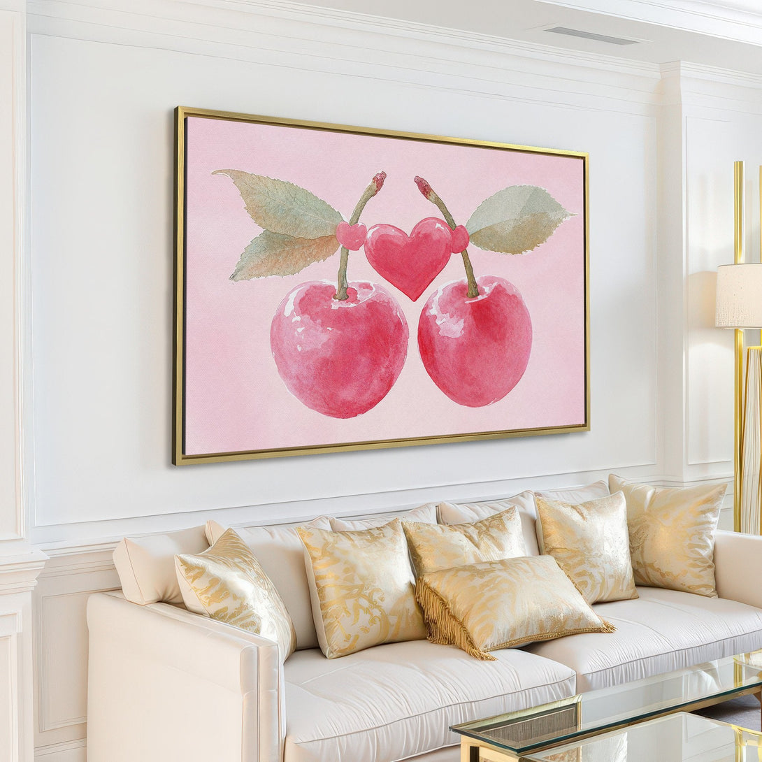 Watercolor Canvas Print of cherries and heart in a modern living room. Soft pink and red palette, perfect for adding a touch of love and style to your home.