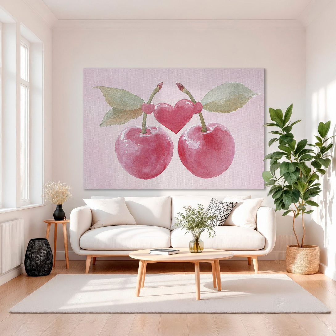 Framed Wall Art: Watercolor cherry print in pink and red hues. Adds a touch of romance to any space. Shop our Canvas Prints for stylish home decor!