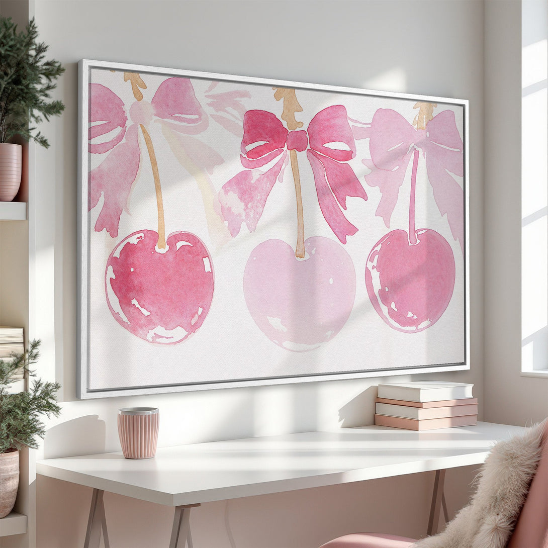 Canvas Print of watercolor cherries with bows in a pink and white palette. Perfect for feminine decor!