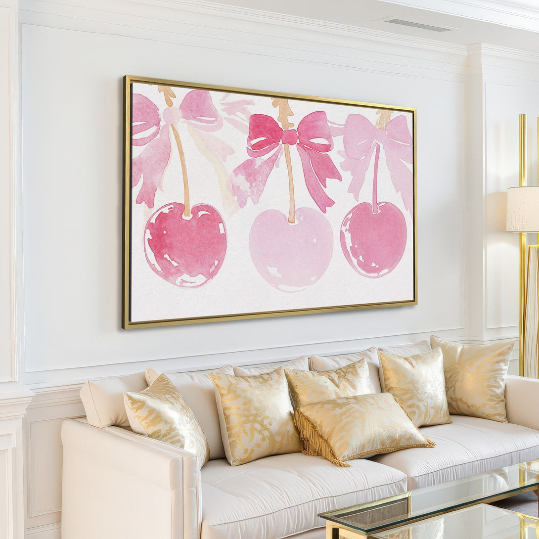 Canvas Print featuring watercolor cherries with bows, soft pink and white color palette, perfect for modern home decor.