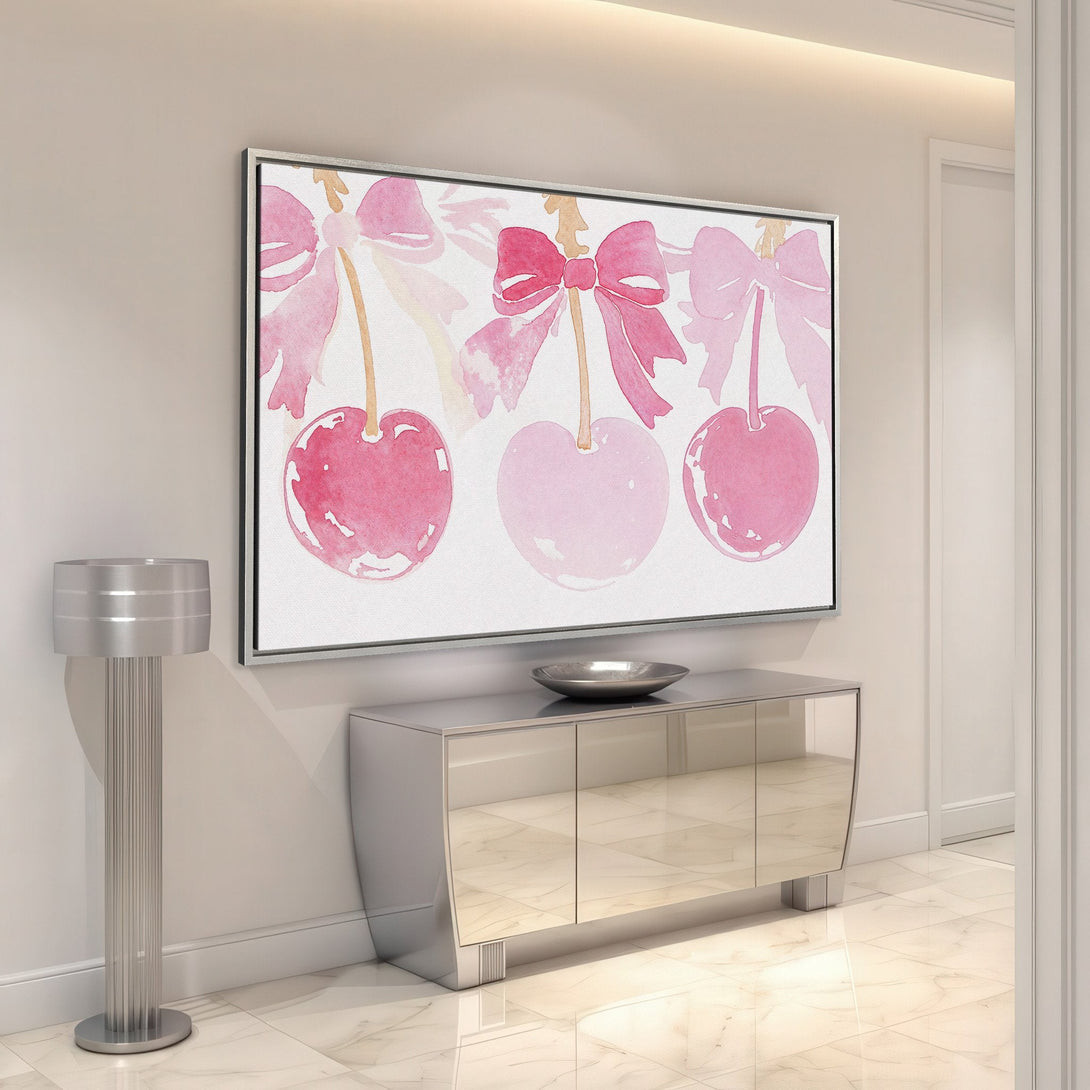 Framed Wall Art featuring watercolor cherries in a pink color palette. Perfect for adding a touch of elegance to any space. Shop now!