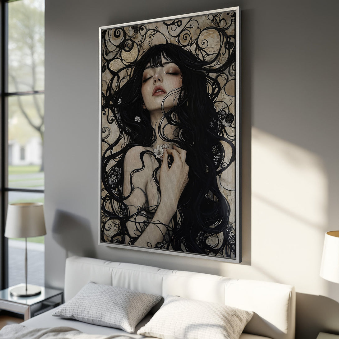 Framed Wall Art featuring a gothic portrait of a woman with a raven, in a dark, moody color palette. Perfect for adding a touch of mystery.