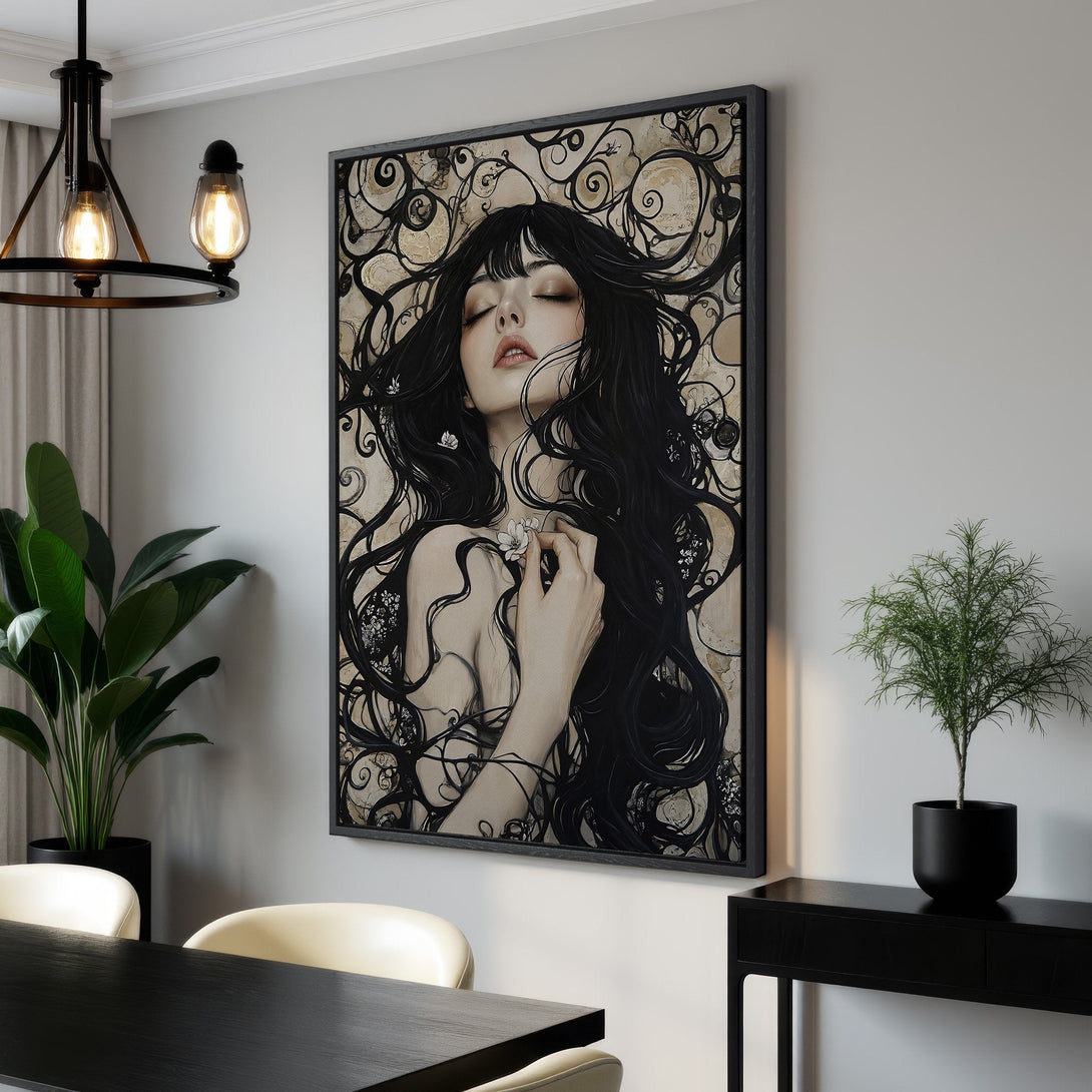 Framed Wall Art featuring a gothic woman and raven. Dark, moody canvas print perfect for adding a touch of mystery to any space. Black and gold color palette.