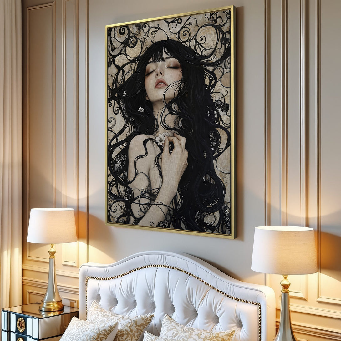 Canvas Print: Gothic portrait of a woman with a raven, dark and moody color palette. Perfect for Halloween decor or adding a touch of mystery to your home.