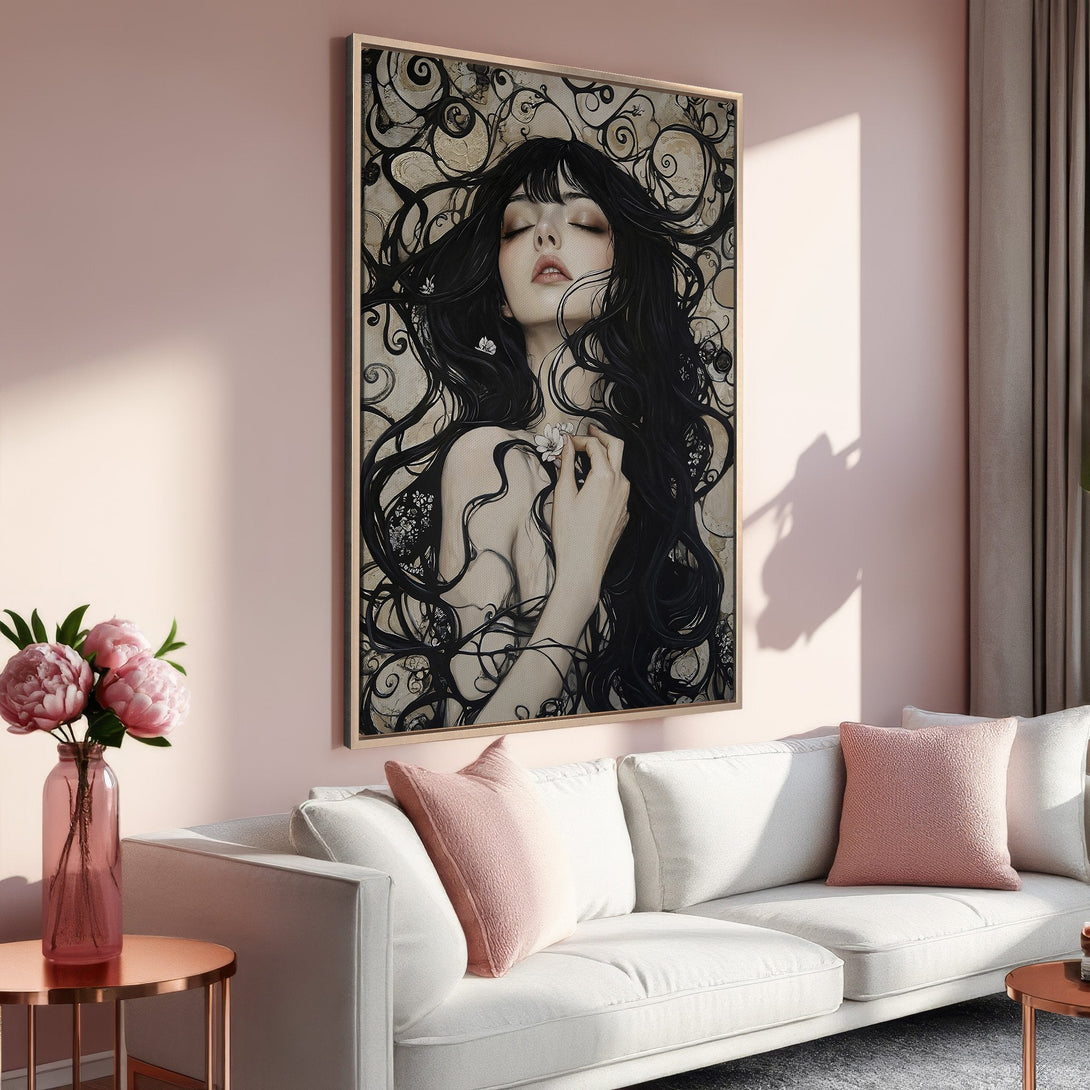 Framed Wall Art: Gothic portrait of woman & raven. Dark, moody color palette. Perfect Halloween decor! Add a touch of mystery to your home.