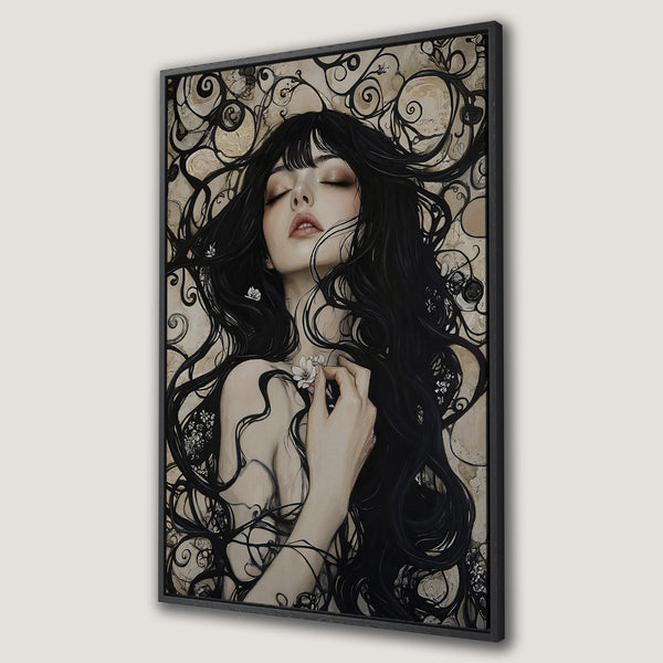Framed Wall Art Canvas Print featuring a gothic woman with a raven, dark and moody color palette, perfect for adding a touch of mystery to your space.