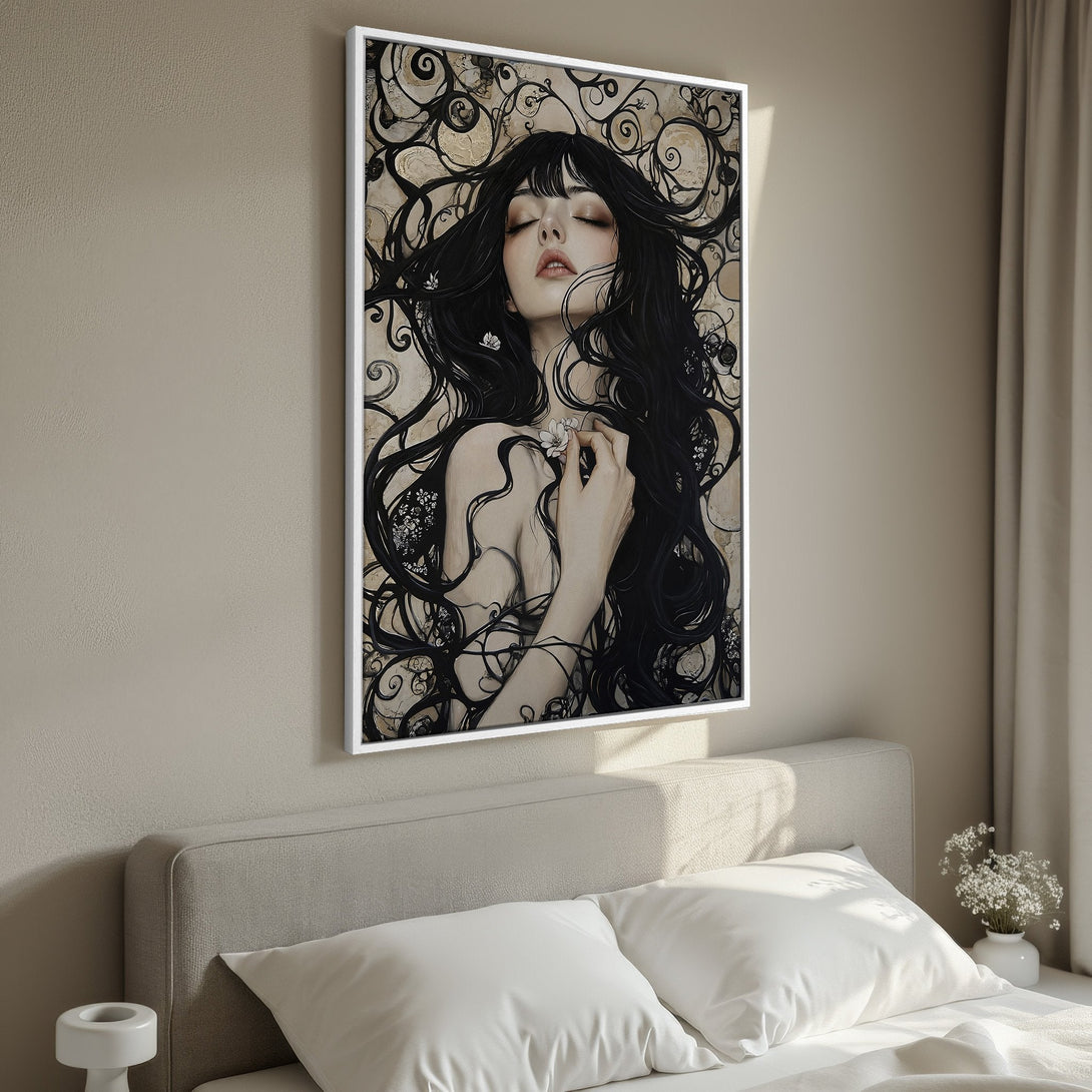Framed Wall Art: Gothic portrait of a woman with a raven, in a dark, moody palette. Perfect for adding a touch of mystery to your home decor.