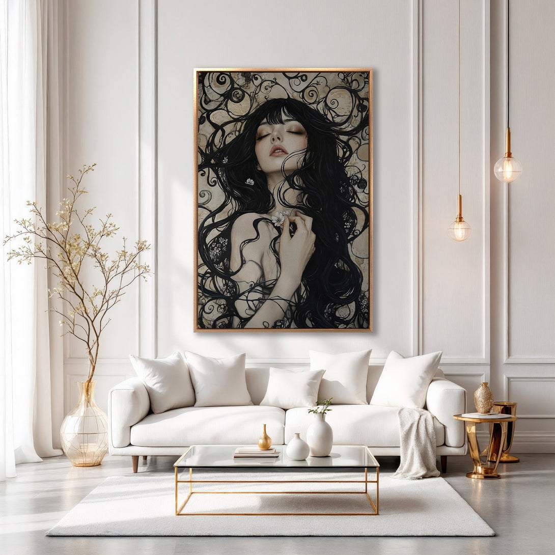 Framed Wall Art: Gothic portrait of woman with raven. Dark, moody color palette. Perfect for adding a touch of mystery to your space.