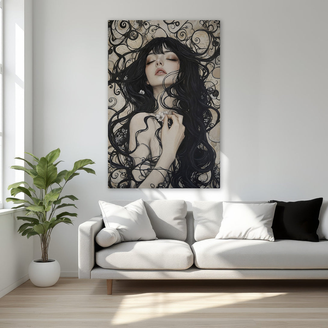 Framed Wall Art featuring a gothic woman and raven. Dark, moody color palette. Perfect for adding a touch of mystery and elegance to any space.