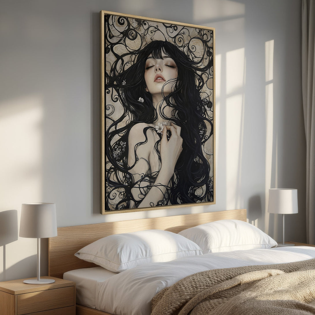 Framed Wall Art featuring a gothic woman and raven in a moody, vintage style. Dark, dramatic color palette perfect for Halloween decor.
