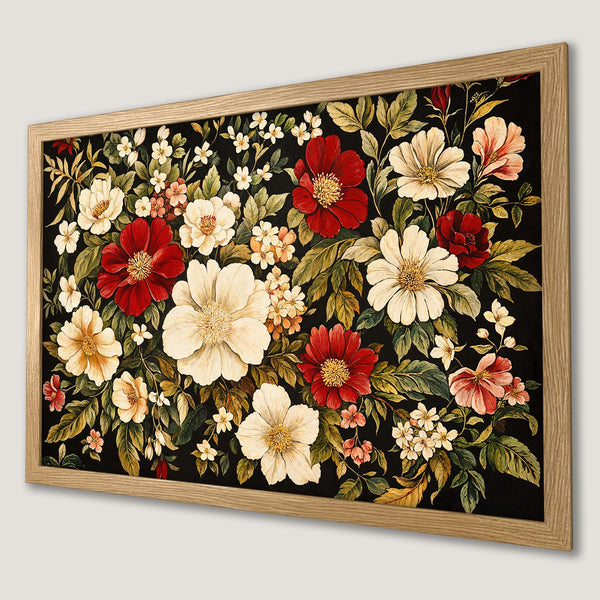 Framed Poster featuring a floral design in a vintage style with a black background and a palette of red, white, and green.