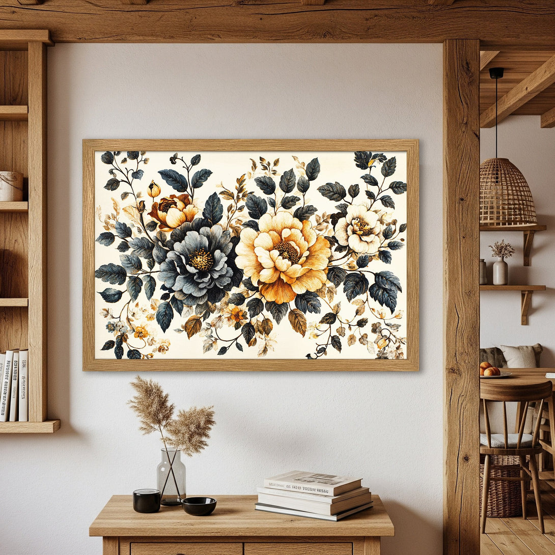 Framed Poster featuring floral artwork in watercolor style with a warm, earthy color palette. Perfect wall decor!