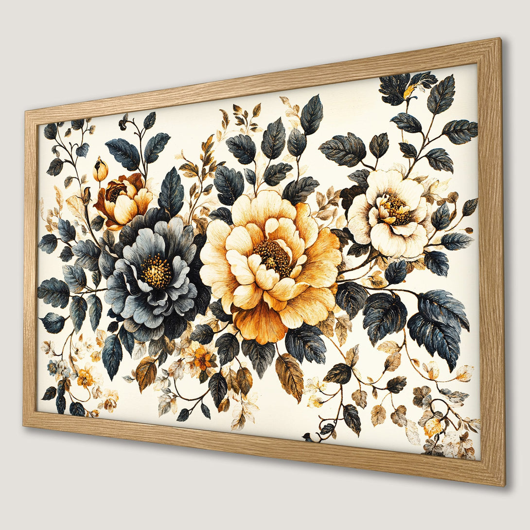 Framed Poster featuring floral art in watercolor style with a warm, inviting color palette of gold, blue, and cream. Perfect wall decor!
