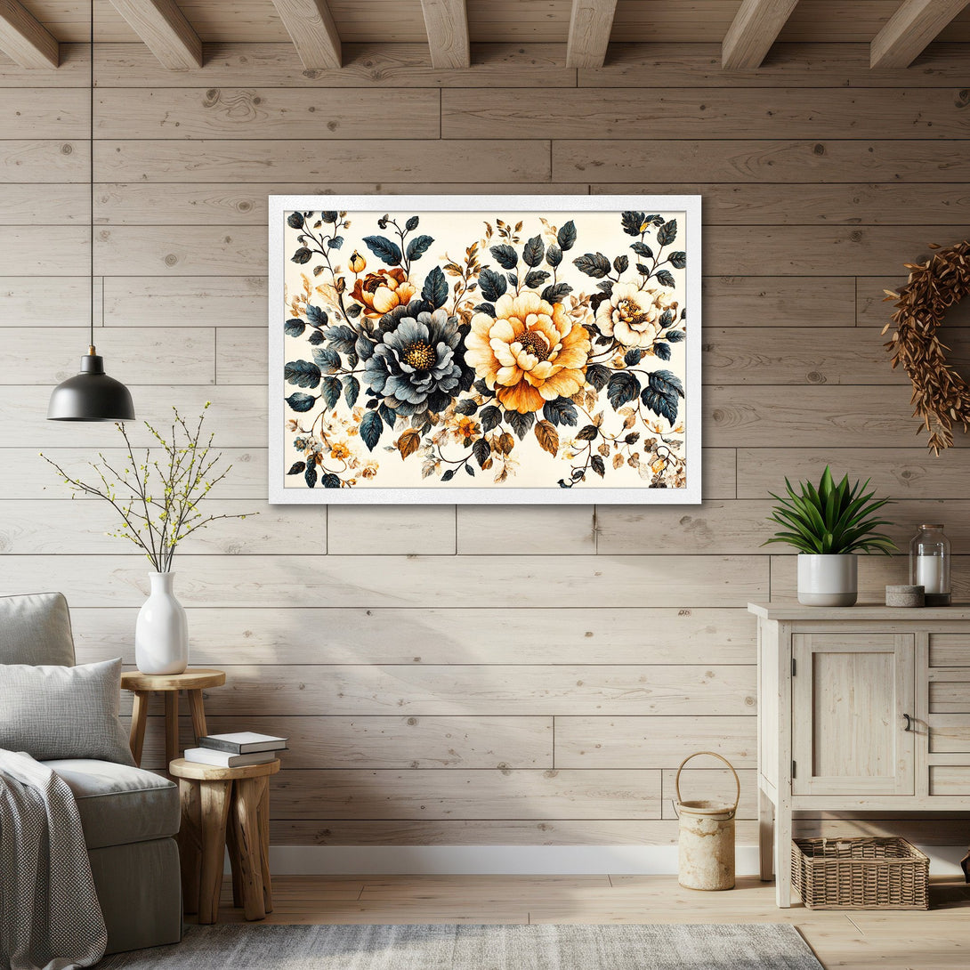 Framed Poster featuring watercolor floral art in warm tones. Perfect wall decor for a cozy, inviting space.