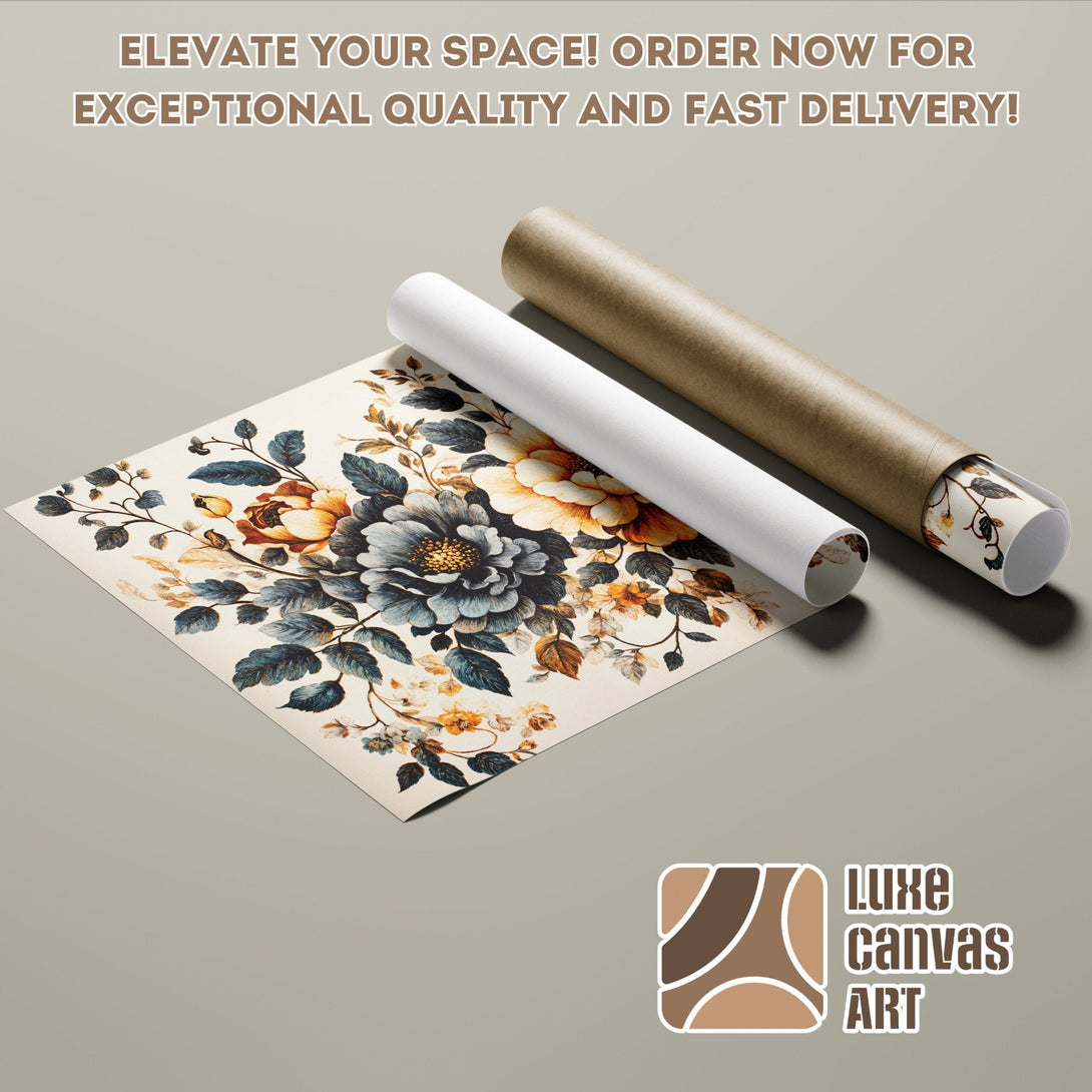 Floral Poster Roll in vintage style with blue, orange, and cream color palette. Elevate your decor!