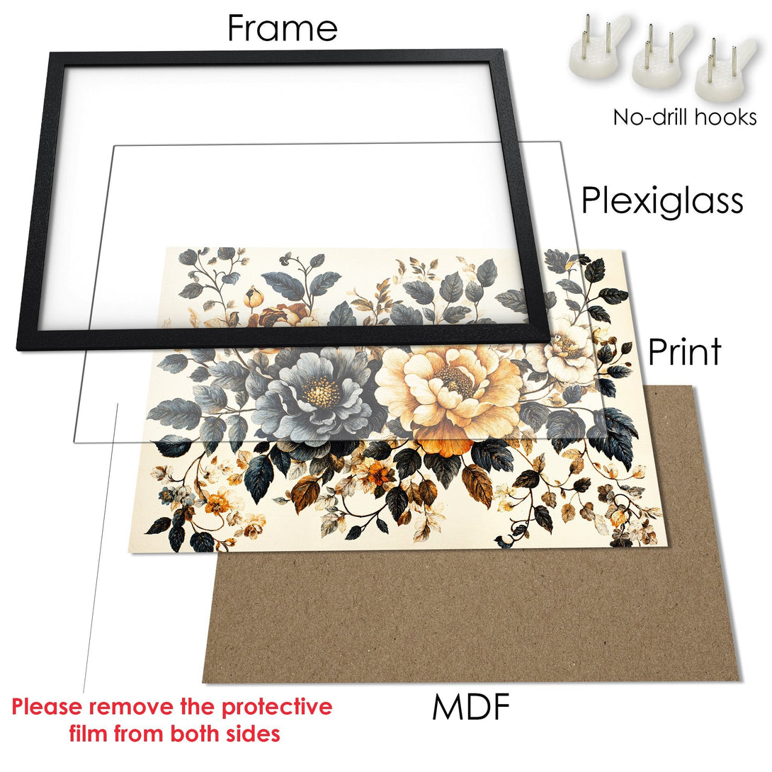 Framed Poster featuring floral artwork in a vintage style with a warm, neutral color palette. Perfect wall art for any room!