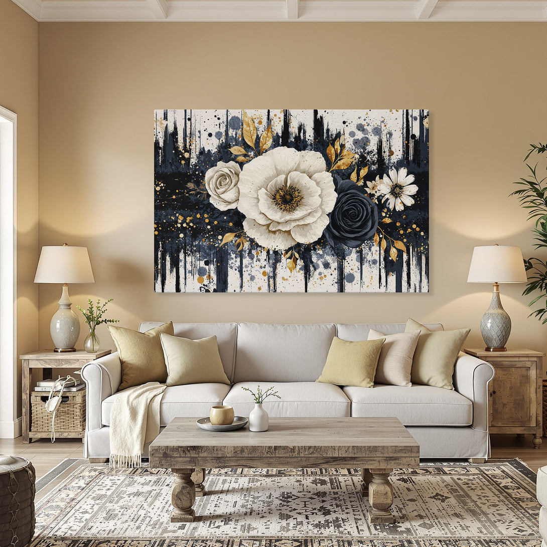 Framed Wall Art featuring floral design with white, navy, and gold accents. Modern abstract style Canvas Print perfect for home decor.