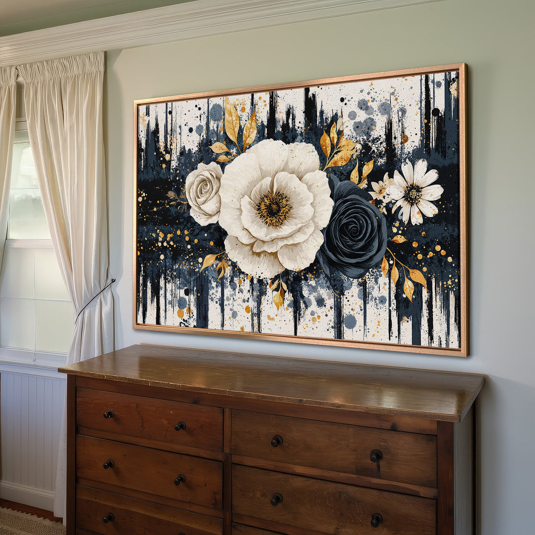 Framed Wall Art: Floral canvas print in navy, gold, and white. Modern abstract style, perfect for home decor.