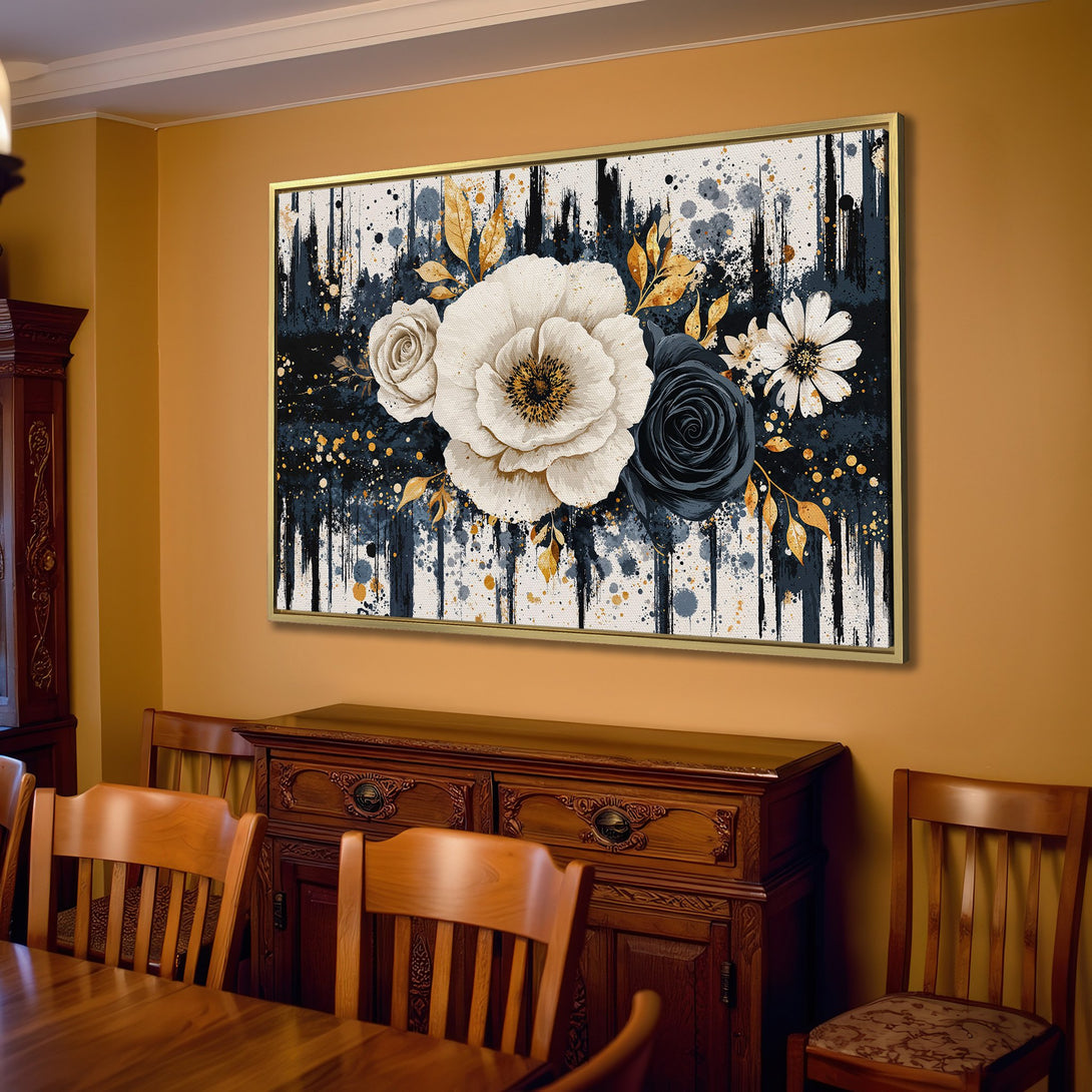 Canvas Print of floral art in a modern style, featuring white, navy, and gold colors, perfect for home decor.