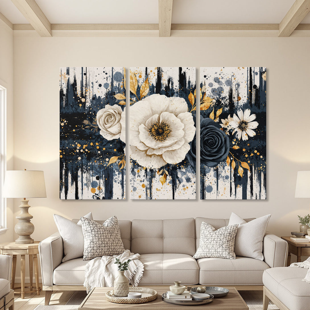 Canvas Print triptych featuring floral art in a modern, abstract style with a navy, gold, and white color palette. Perfect for living room decor.