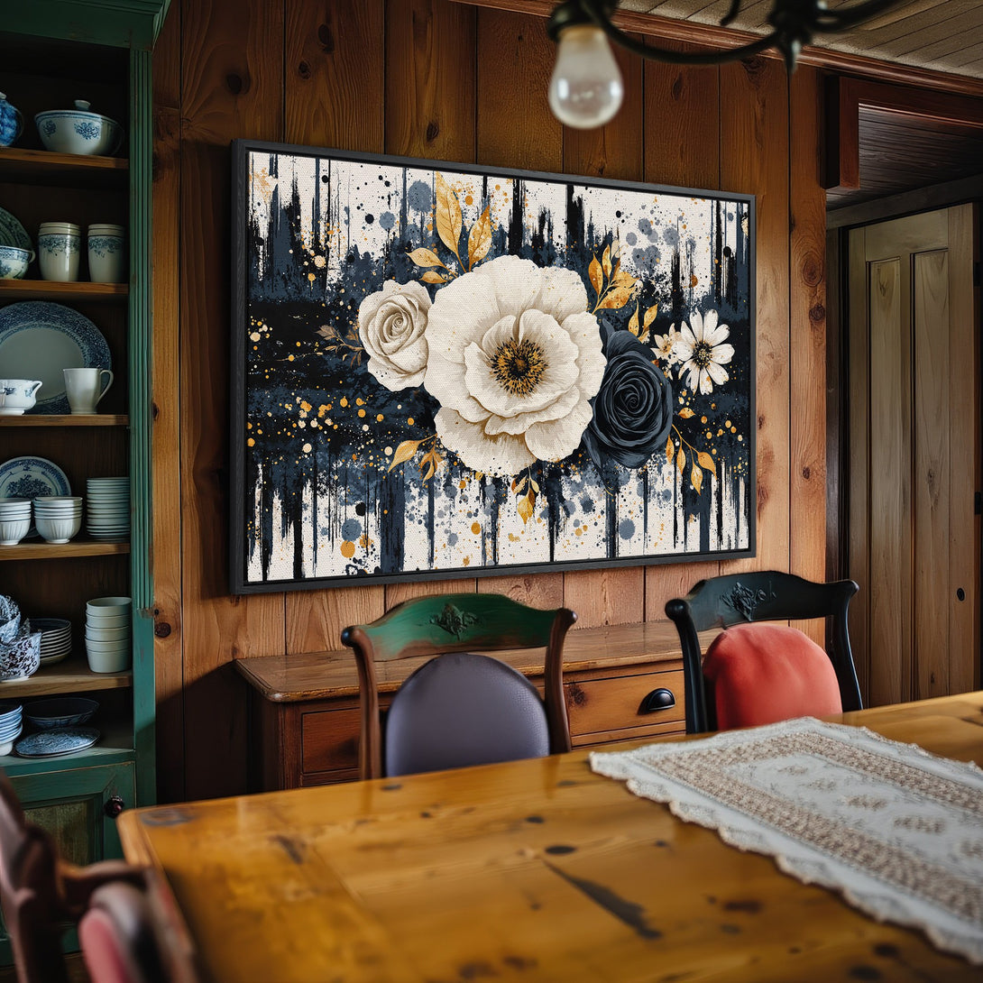 Framed Wall Art: Floral abstract Canvas Print in navy, gold, and cream. Modern botanical art for home decor, perfect for living rooms and dining areas.