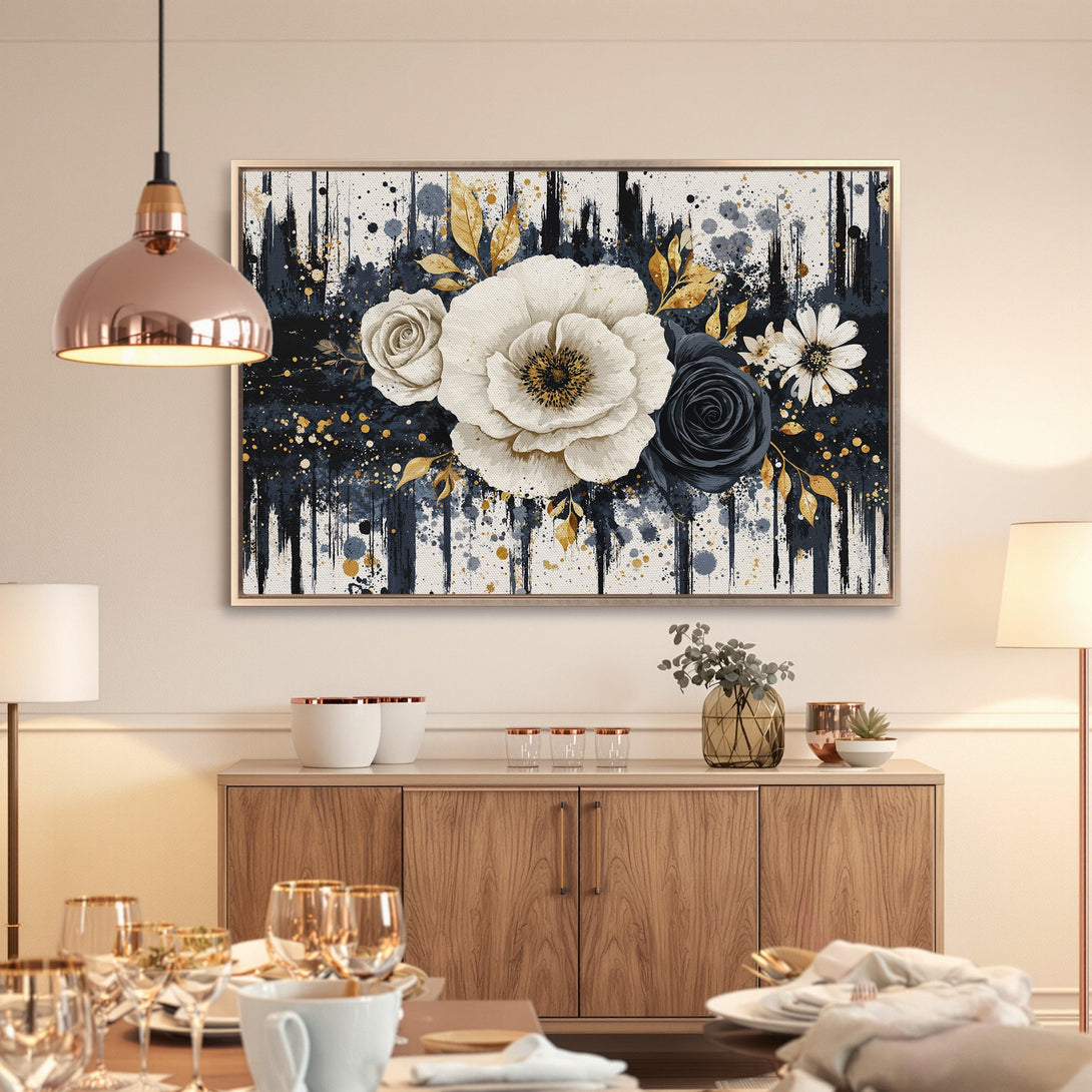 Framed Wall Art: Elegant floral print in navy, gold, and white. Modern canvas art for your living room or dining room decor.