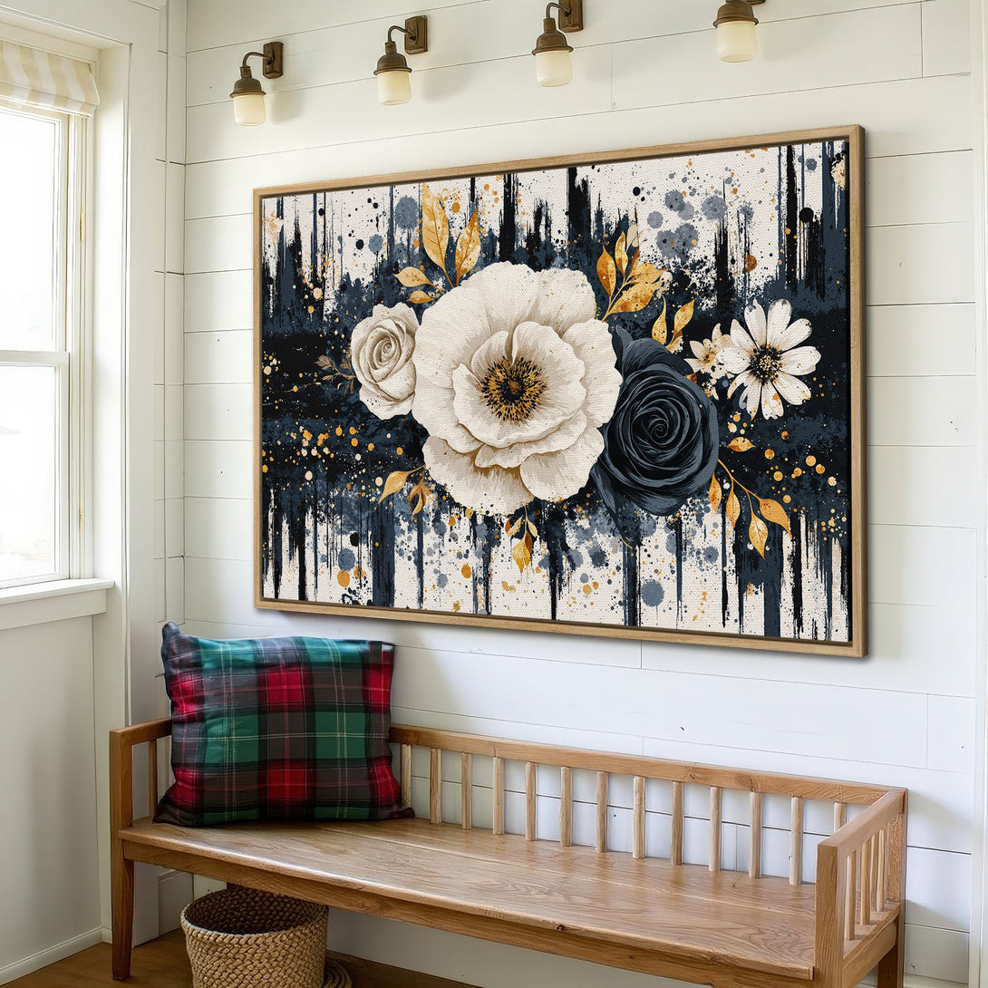 Framed Wall Art featuring floral abstract art in navy, gold, and cream. Modern canvas print for home decor.